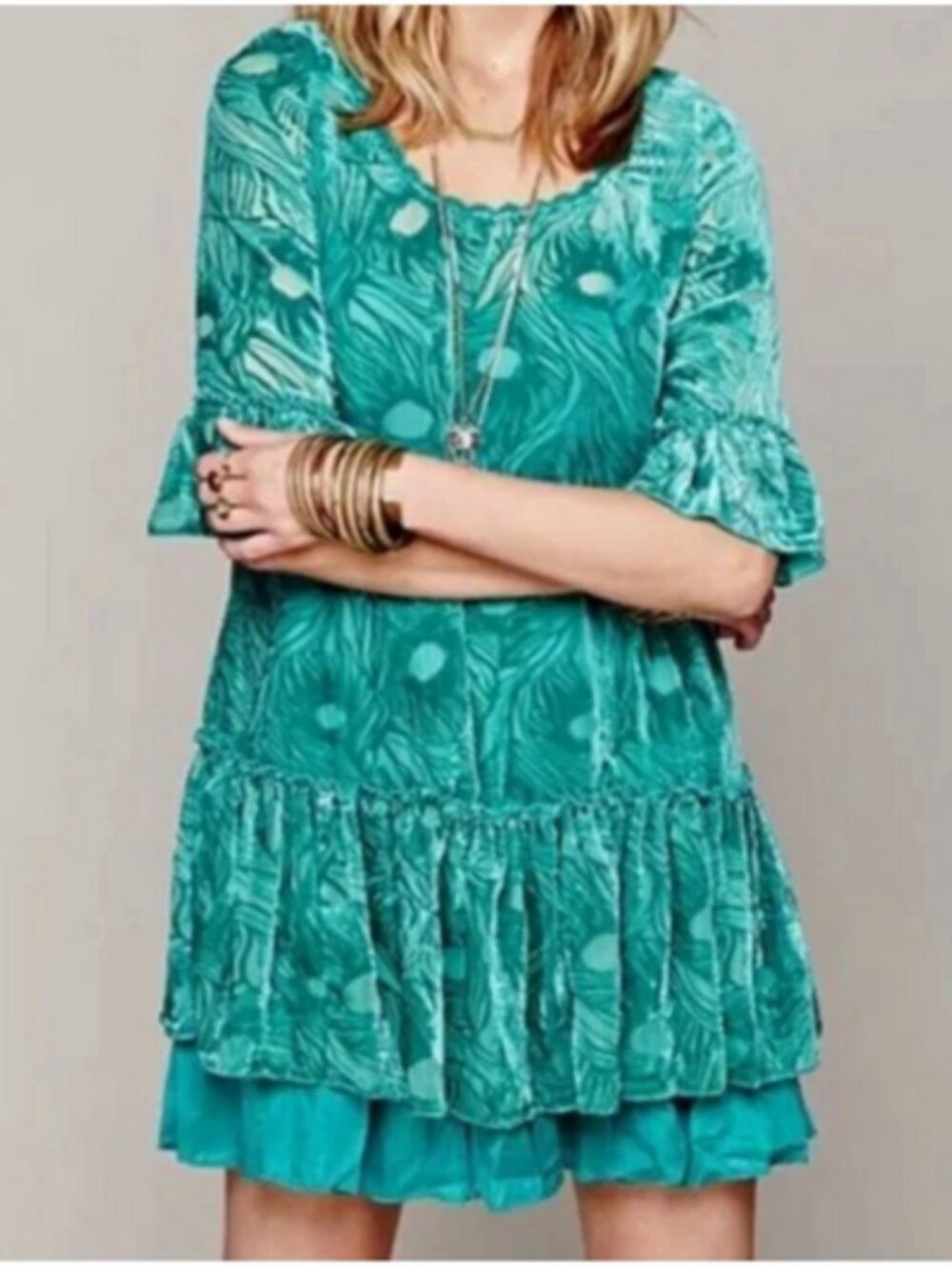 Free People Green Abstract Mesh Ruffle Tunic Mini Dress Sz XS Boho Zen Garden